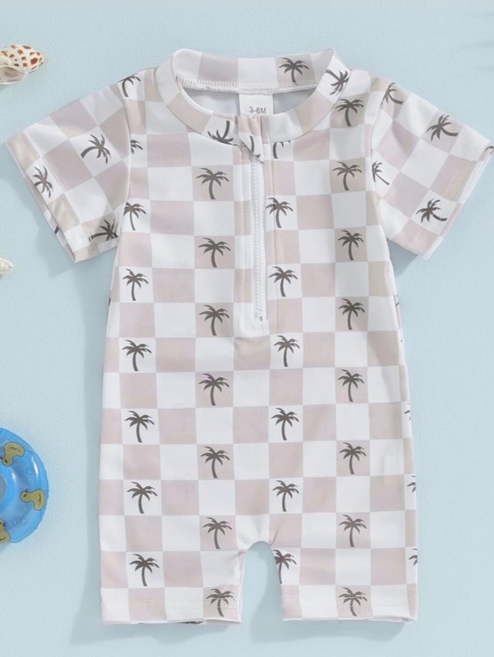 New Infant Baby Palm Tree Checkered Swimsuit Rash Guard Swimwear 12-18 Months